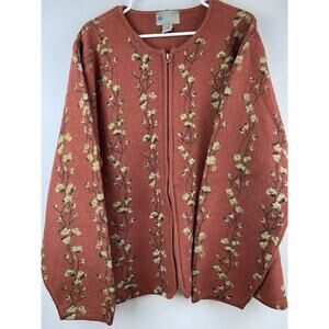 Vtg Squaw Valley Sz 3X 100% Wool Full Zip LS Red Creamy Yellow Flowers Sweater
